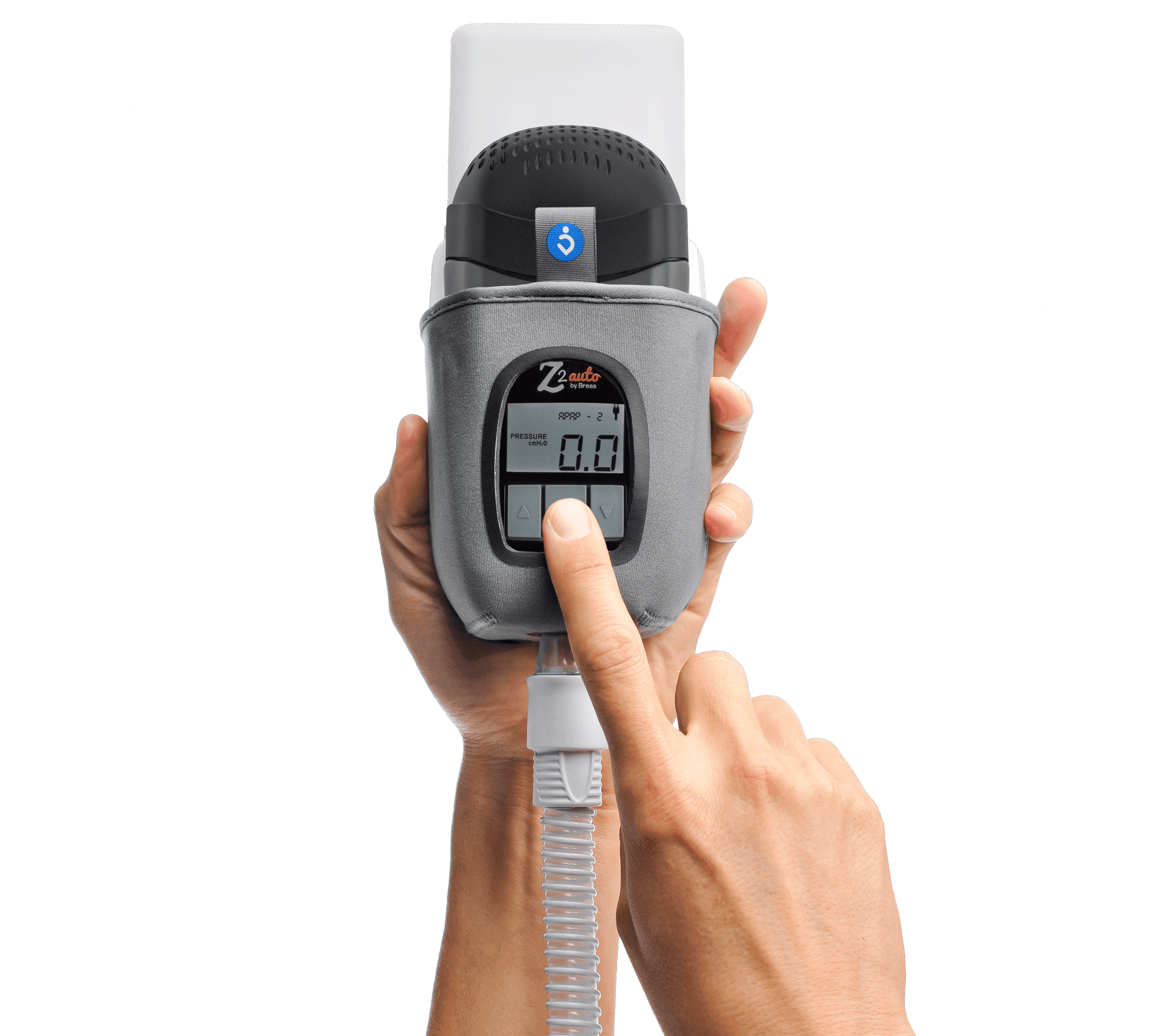 Breas Z2 Auto quiet auto adjusting travel CPAP held in hand