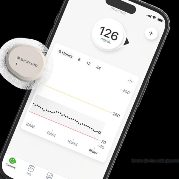 Dexcom G7 continuous glucose monitoring sensor with glucose reading on a smartphone