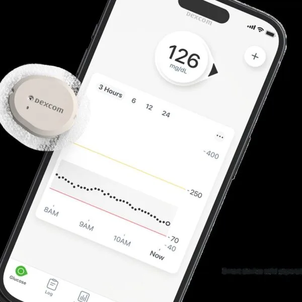 Dexcom G7 continuous glucose monitoring sensor with glucose reading on a smartphone