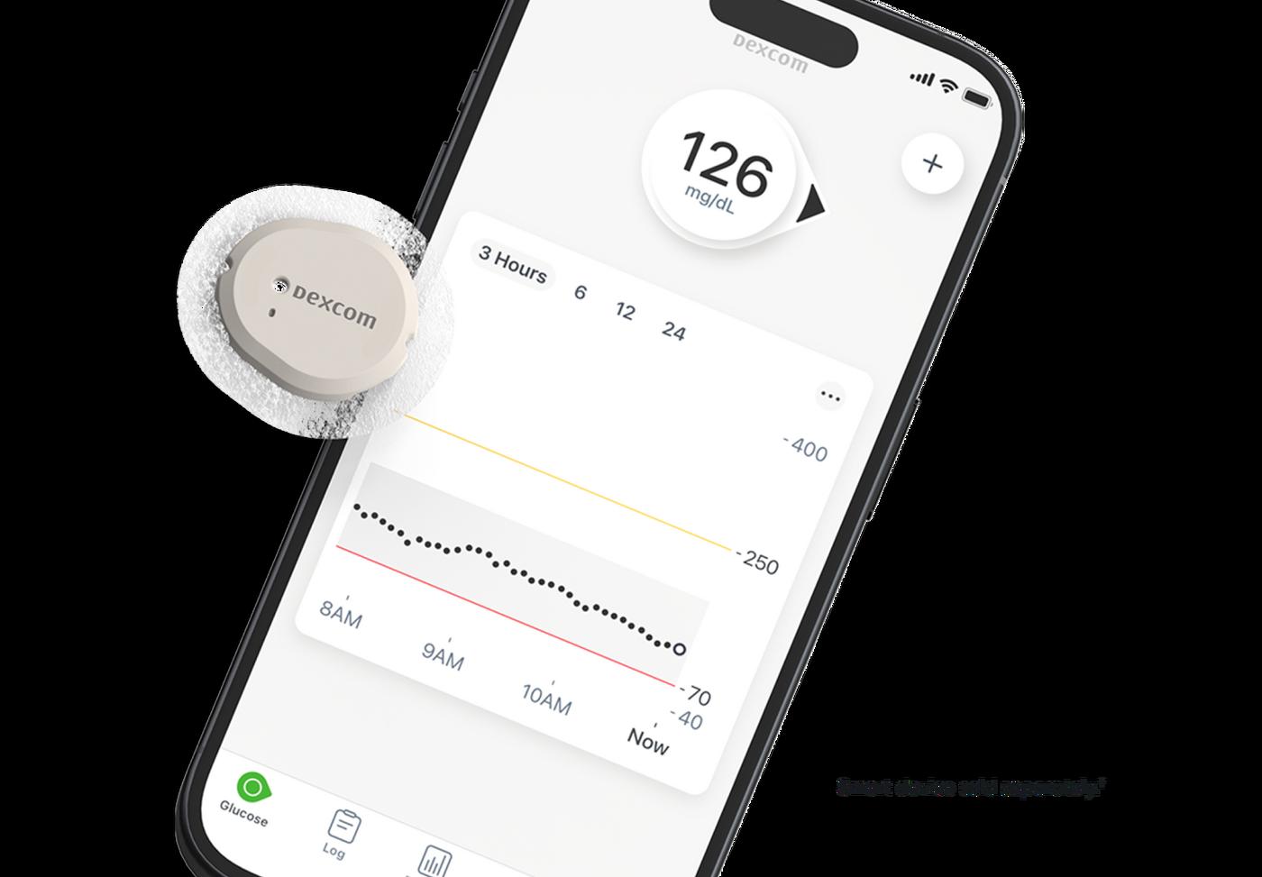 Dexcom G7 continuous glucose monitoring sensor with glucose reading on a smartphone