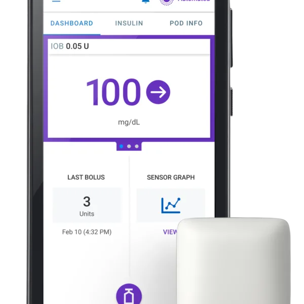 Insulet Omnipod 5 tubeless automated insulin delivery Pod with controller