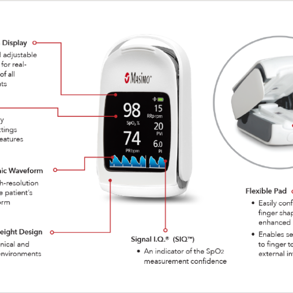 Masimo MightySat Rx fingertip pulse oximeter with high resolution display and flexible pad