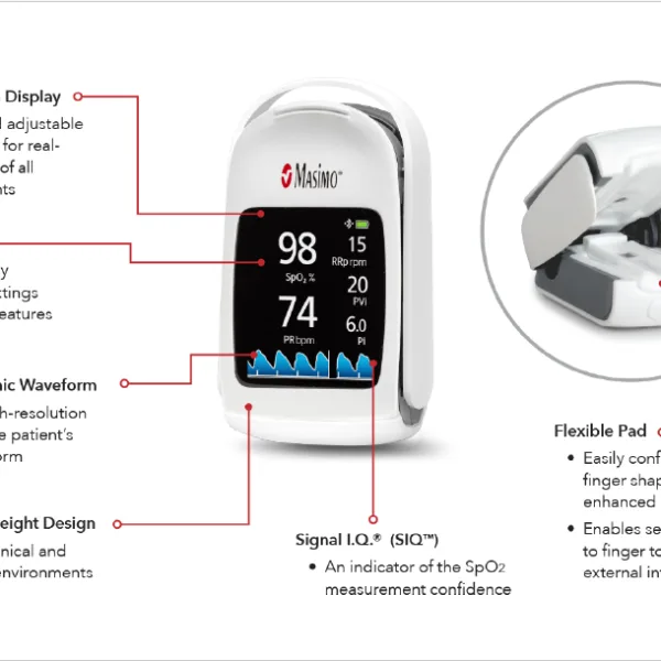مقياس التأكسج النبضي للإصبع Masimo MightySat Rx بشاشة عالية الدقة ووسادة مرنة