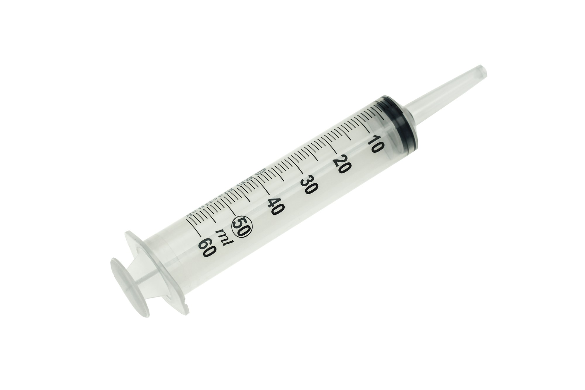 A disposable plastic medical syringe