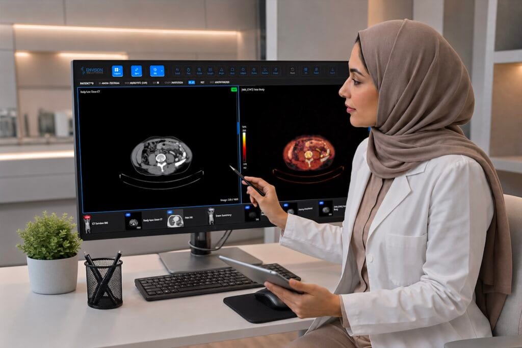 Radiologist reviewing CT and PET-CT studies side by side in the Envision cloud DICOM viewer