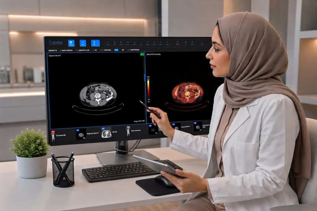 Radiologist reviewing CT and PET-CT studies side by side in the Envision cloud DICOM viewer