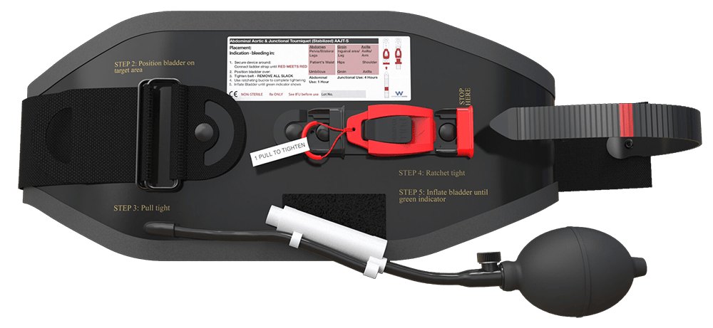 Compression Works AAJT-S Abdominal Aortic and Junctional Tourniquet 3 AAJT S laid flat showing step labels, ratchet buckle, pressure gauge tube and inflation bulb
