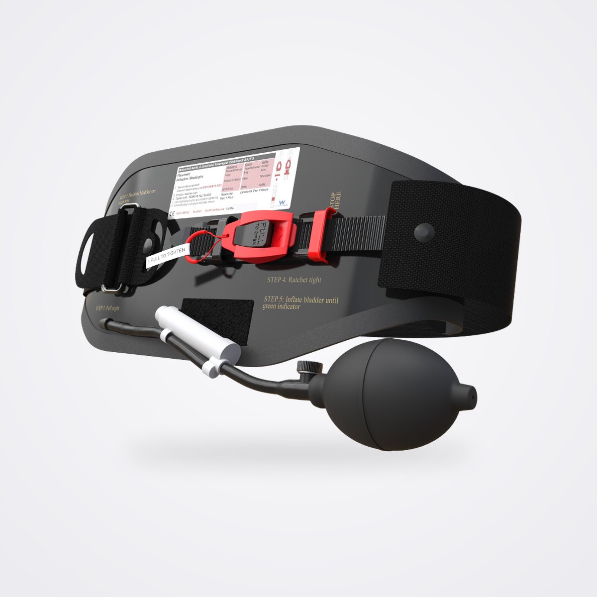 Compression Works AAJT-S Abdominal Aortic and Junctional Tourniquet 1 AAJT S belt with red ratcheting buckle, ladder strap, bladder and black inflation bulb