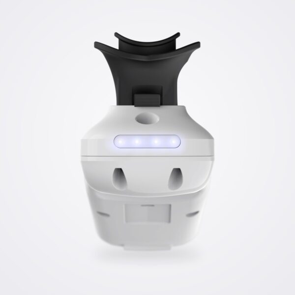 Aidar MouthLab handheld vital signs monitor, front view with black mouthpiece and blue status lights
