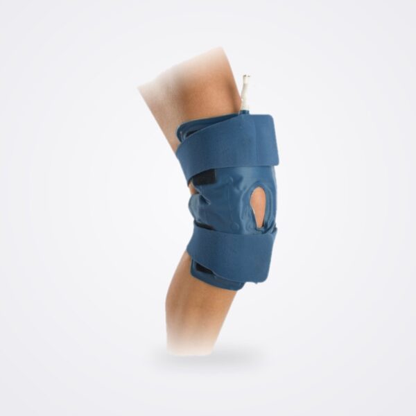 Rehabilitation & Recovery 38 Aircast Knee Cryo/Cuff in navy blue fitted around the knee with the tube connector at the top