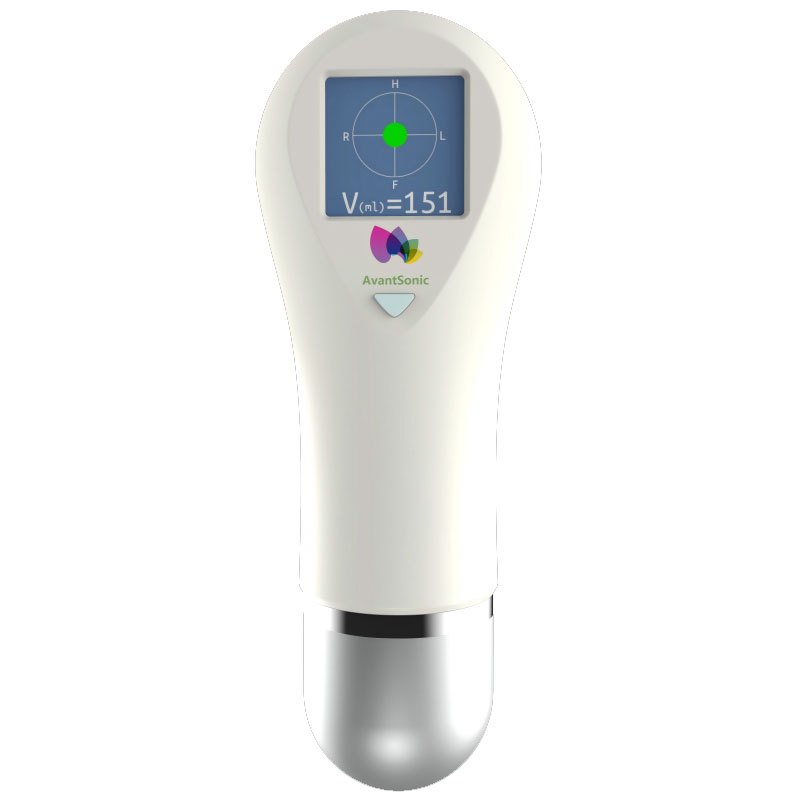 AvantSonic Z5, Z3 and AS-2 Portable 3D Bladder Scanners 4 AvantSonic AS 2 hand held bladder scanner with small display showing a 151 ml volume
