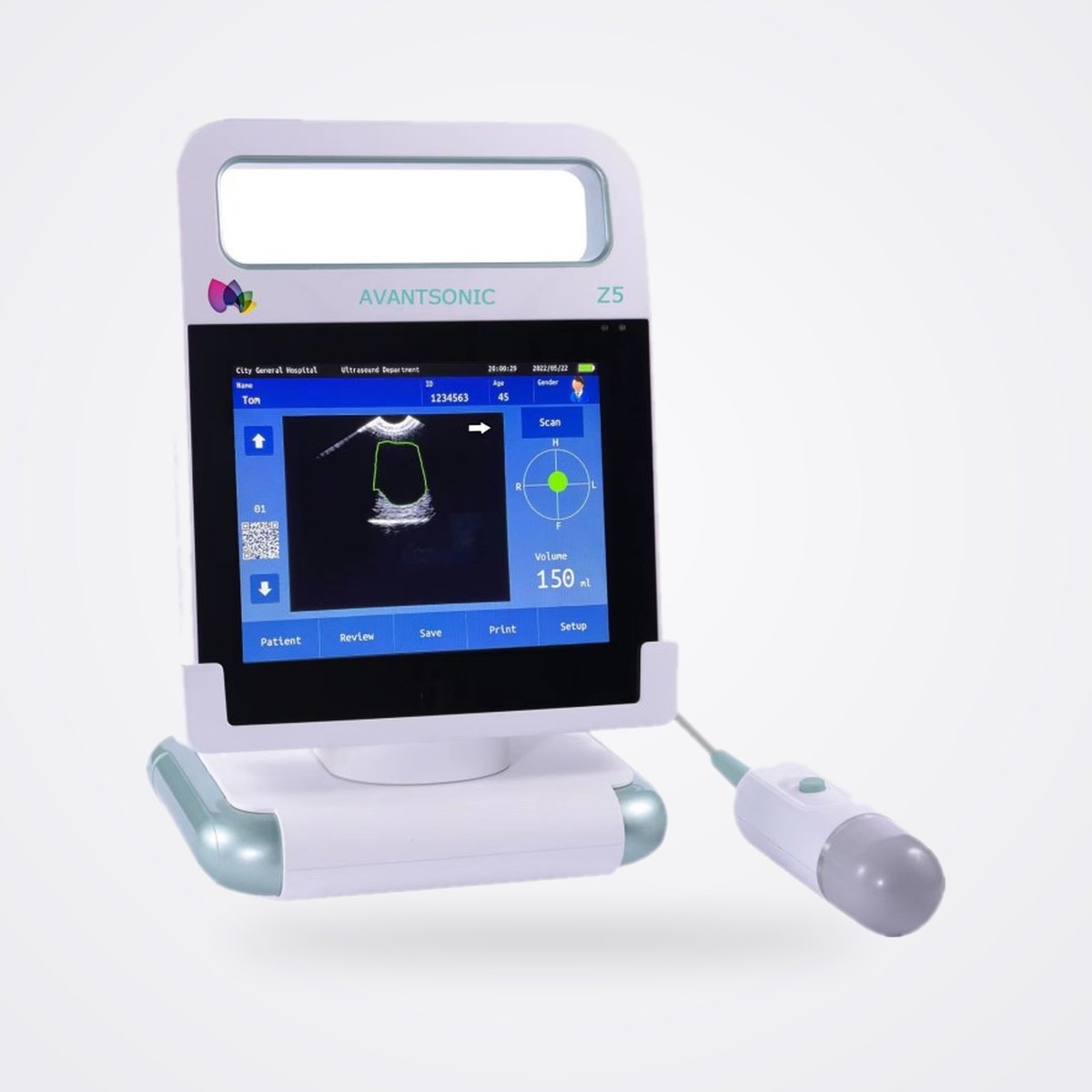 AvantSonic Z5, Z3 and AS-2 Portable 3D Bladder Scanners 1 AvantSonic Z5 bladder scanner with 8 inch touchscreen showing a bladder outline and volume, with 3D probe