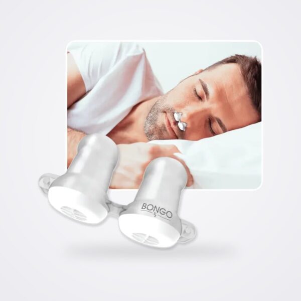Bongo Rx nasal EPAP device pair beside a man sleeping while wearing it