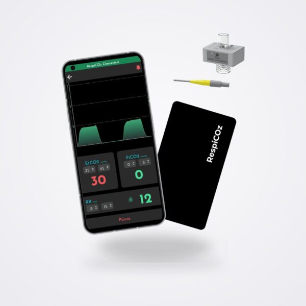 RespiCOz unit with mainstream CO2 sensor beside an Android phone showing CO2 readings and capnogram