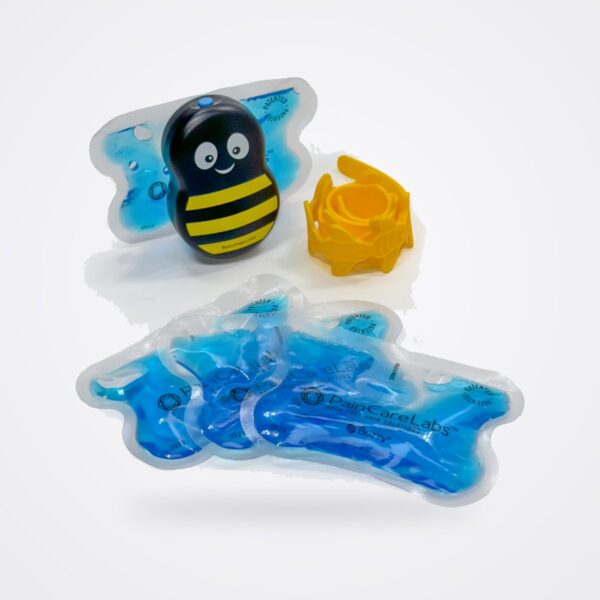Buzzy Mini Healthcare bee-striped unit with blue ice wings and strap