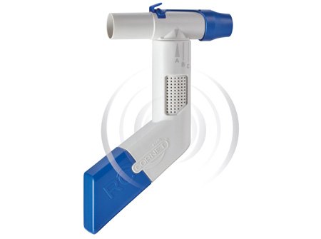 جهاز الضغط الزفيري الإيجابي المتذبذب CEGLA RC-Cornet PLUS للعلاج التنفسي 3 جهاز الضغط الزفيري الإيجابي المتذبذب CEGLA RC-Cornet PLUS بقطعة فم زرقاء وهيكل منحنٍ