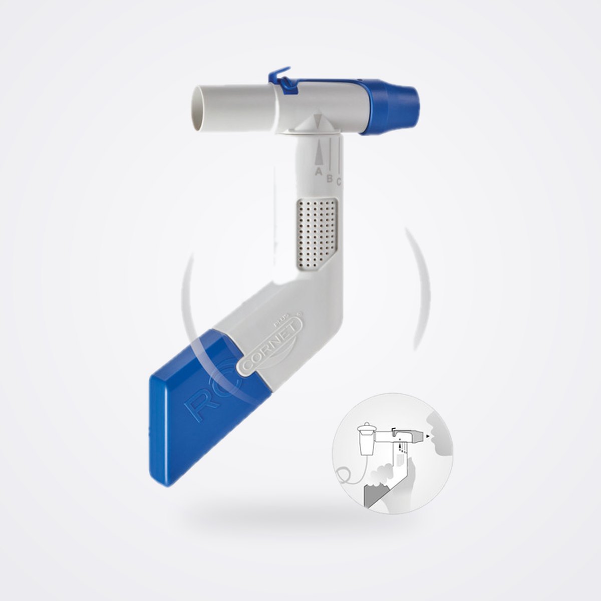 جهاز الضغط الزفيري الإيجابي المتذبذب CEGLA RC-Cornet PLUS للعلاج التنفسي 1 جهاز CEGLA RC-Cornet PLUS بالأبيض والأزرق مع خطوط تذبذب وصورة صغيرة لجهاز إرذاذ
