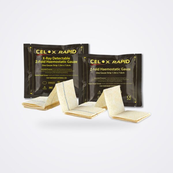 CELOX Rapid Z-fold haemostatic gauze in standard and X-ray detectable CE packs with unfolded gauze