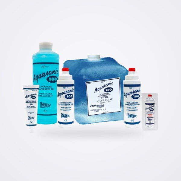 Parker Aquasonic 100 blue ultrasound gel range: tube, bottles, refill cube and single-use packet