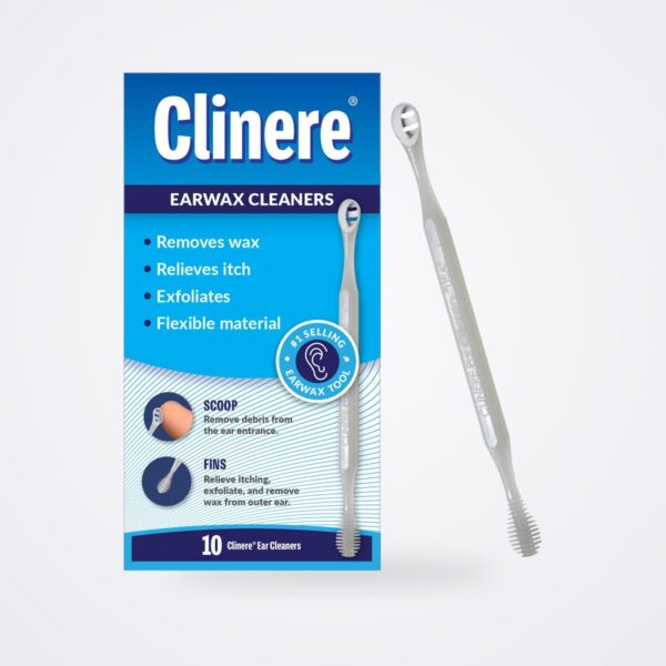 Clinere Earwax Cleaners 10-count pack beside a single scoop-and-fin ear cleaner