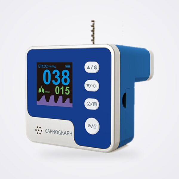 Contec CA10M handheld capnograph with airway adapter, showing EtCO2 38 mmHg, respiration rate 15 and waveform