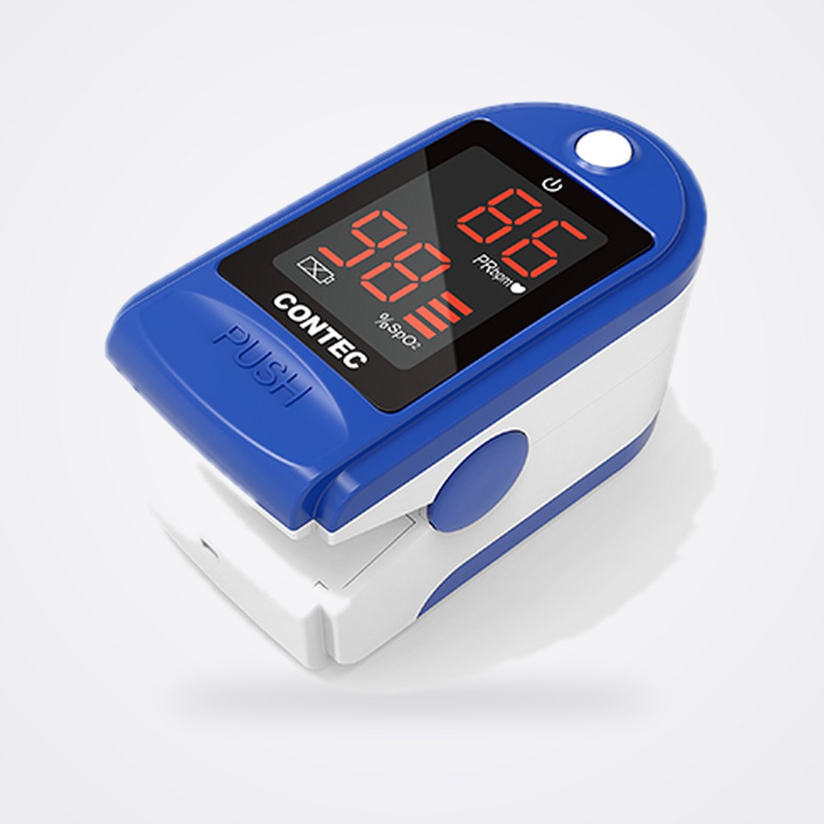 مقياس التأكسج النبضي للإصبع Contec CMS50D / CMS50DL 1 مقياس التأكسج النبضي للإصبع Contec CMS50DL باللونين الأزرق والأبيض، بشاشة LED حمراء تعرض SpO2 ومعدل النبض