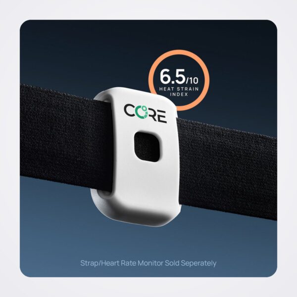 White CORE 2 core body temperature sensor clipped to a black chest strap, with Heat Strain Index graphic