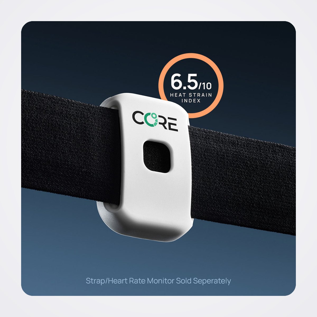 CORE 2 Core Body Temperature Sensor with CORE Live Heat-Strain Monitoring 1 White CORE 2 core body temperature sensor clipped to a black chest strap, with Heat Strain Index graphic