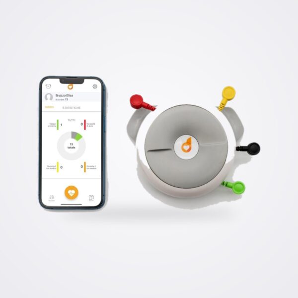 D Heart round portable ECG device with four colour coded leads beside a smartphone running the D Heart app