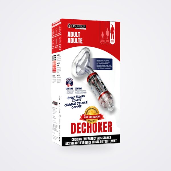Dechoker adult anti-choking device retail box showing clear mask, valve and plunger