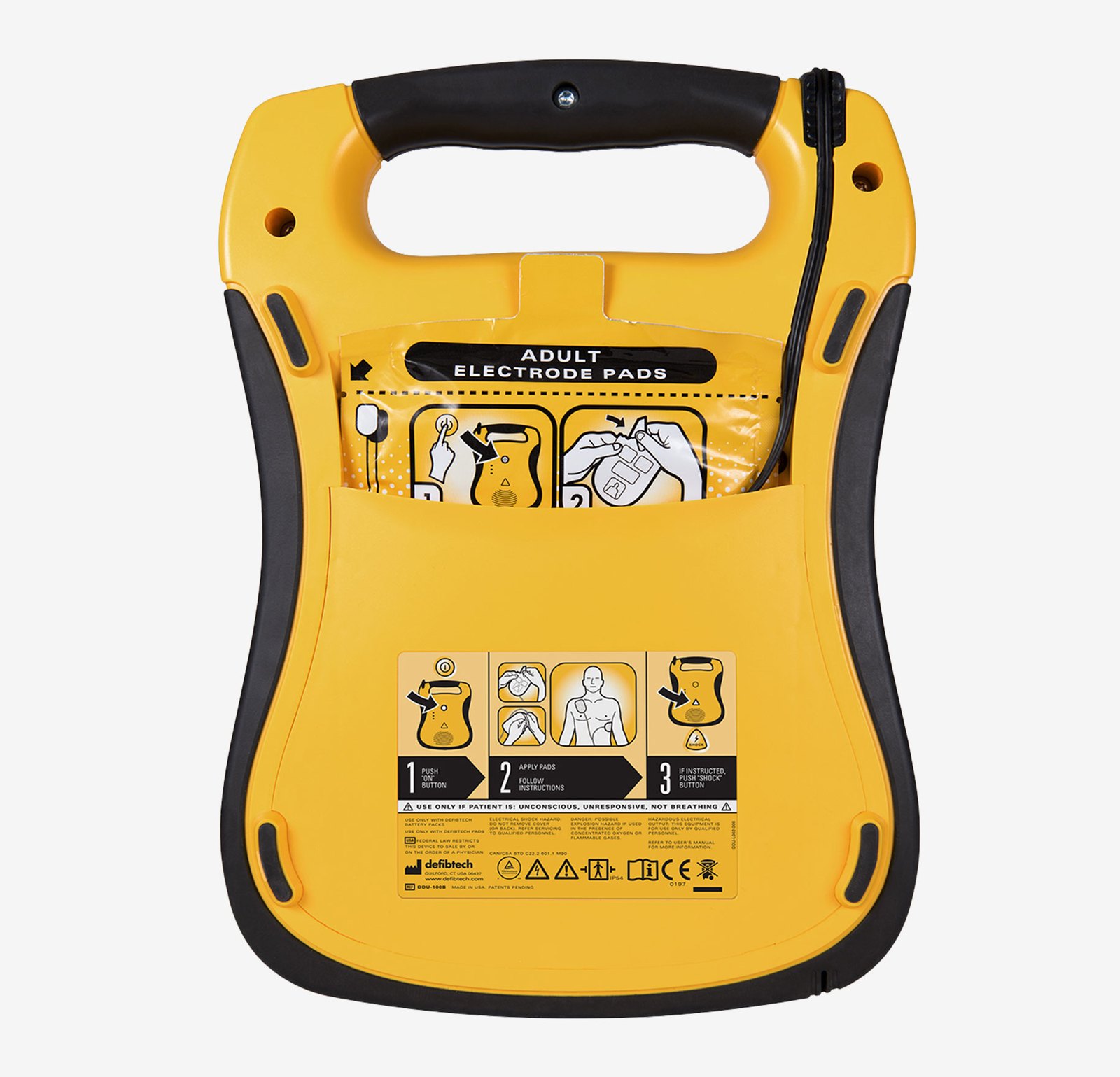 جهازا إزالة الرجفان الخارجي الآلي بالكامل Defibtech Lifeline AUTO وLifeline VIEW AUTO 3 الجهة الخلفية لجهاز Defibtech Lifeline AUTO تُظهر أقطاب البالغين المحفوظة وملصق التعليمات