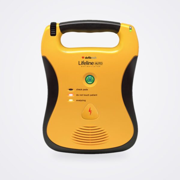 جهاز إزالة الرجفان الآلي بالكامل Defibtech Lifeline AUTO بهيكل أصفر وزر تشغيل أخضر وأضواء حالة