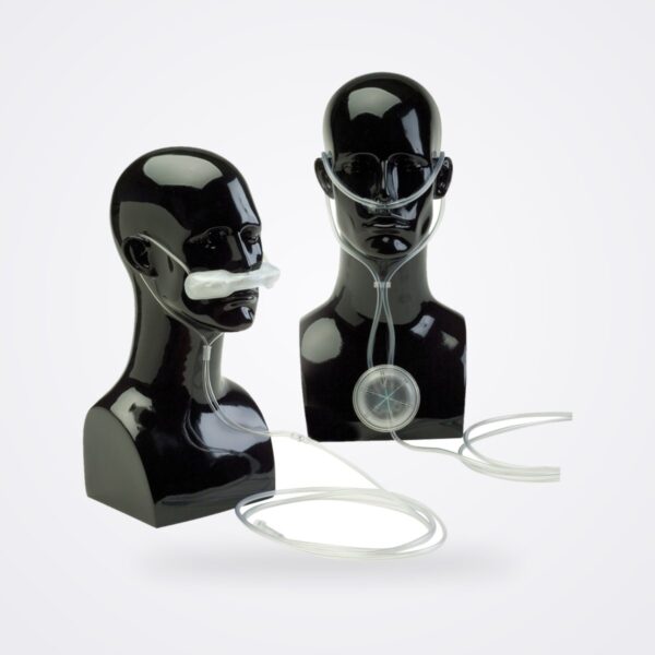 Oxymizer Mustache and Pendant oxygen-conserving cannulas shown on two display mannequin heads