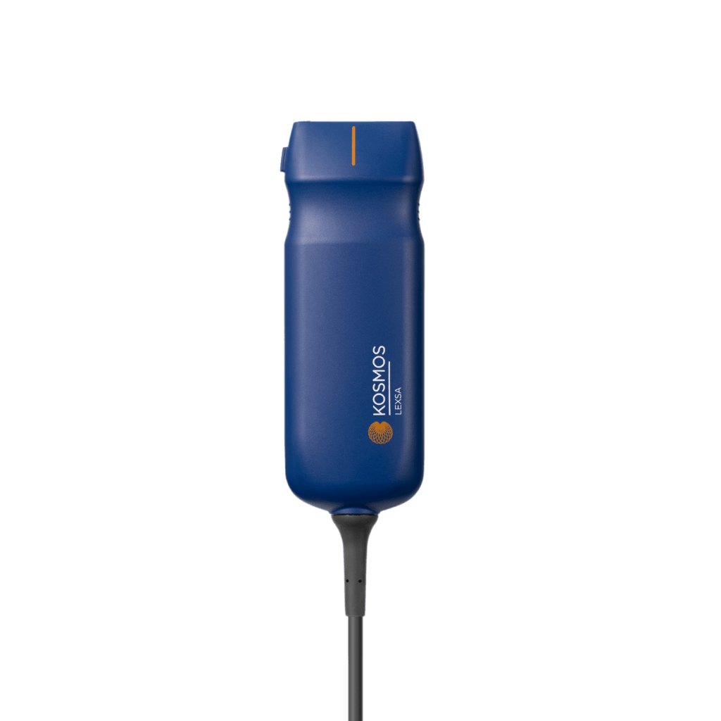 EchoNous Kosmos Handheld Ultrasound with Torso-One and Lexsa Probes 3 EchoNous Kosmos Lexsa linear ultrasound probe in blue with cable, on white