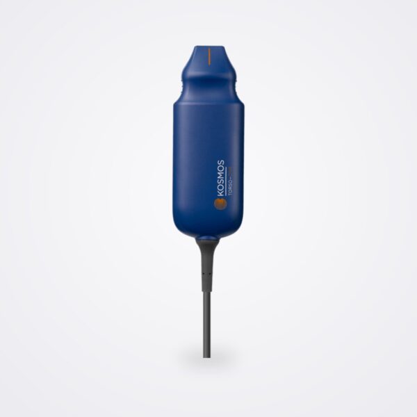 EchoNous Kosmos Torso One phased array ultrasound probe in blue with cable, on white