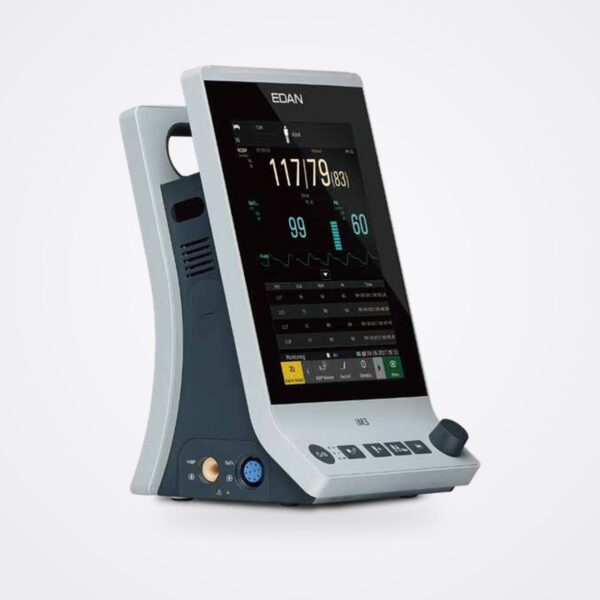 EDAN iM3 vital signs monitor, three-quarter view with its 8-inch touchscreen showing NIBP, SpO2 and pulse rate