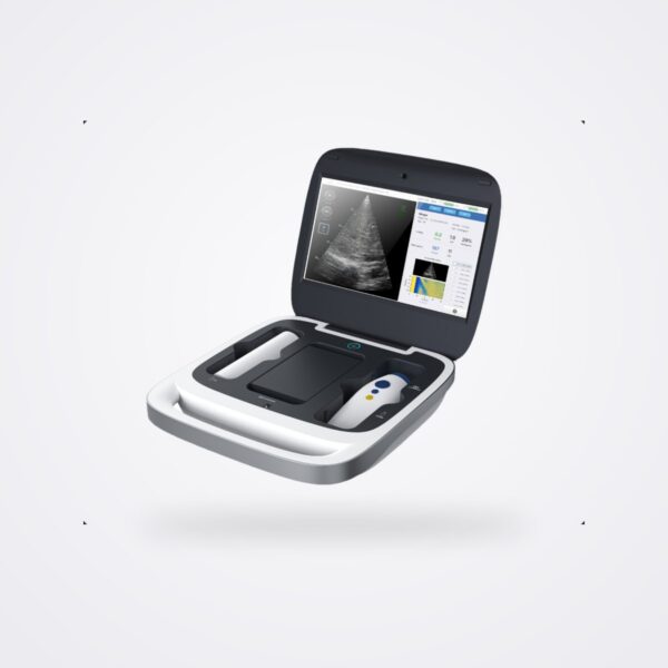 Eieling Liverscan C portable workstation open in its carry case with the wireless probe docked beside the screen