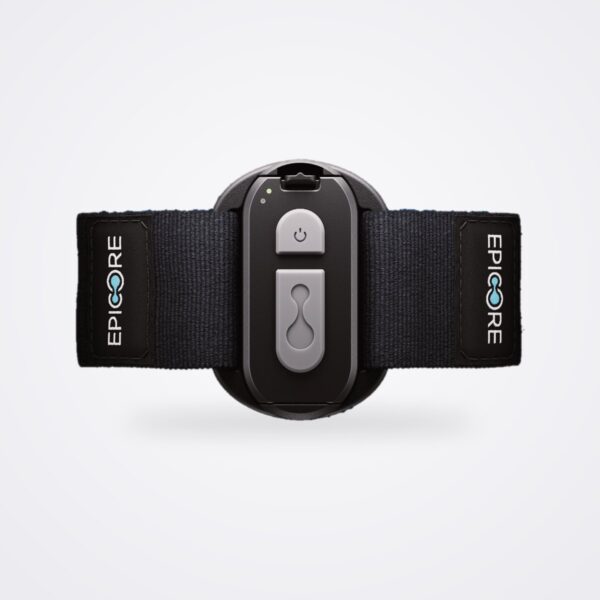 Epicore Connected Hydration electronic module mounted on a black Epicore armband, front view