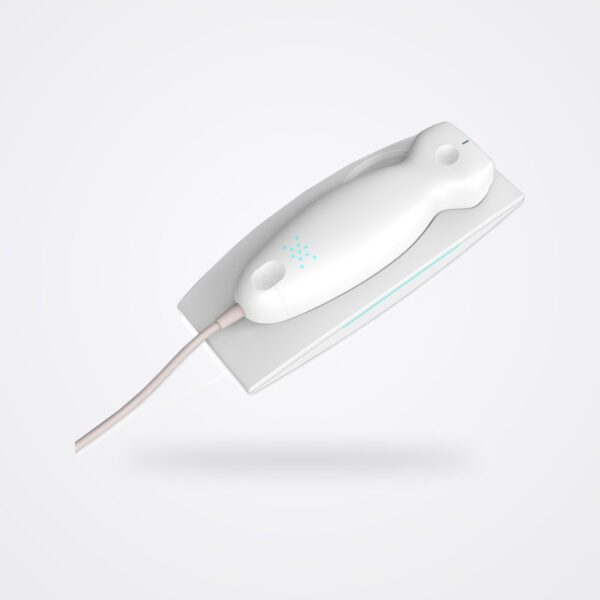 Exo Iris handheld ultrasound probe resting on its charging dock, white background