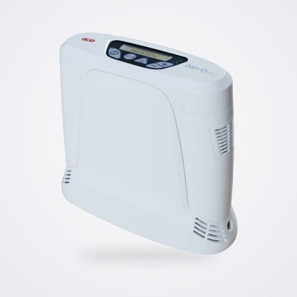 GCE Zen O lite portable oxygen concentrator in white, three quarter view with top control panel