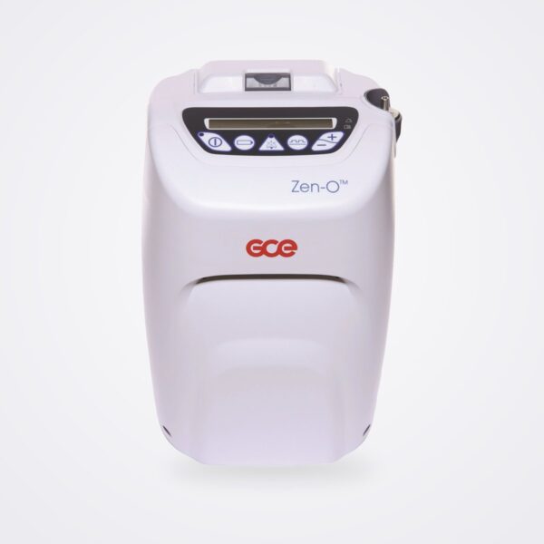 GCE Zen O portable oxygen concentrator in white, front view with control panel and display