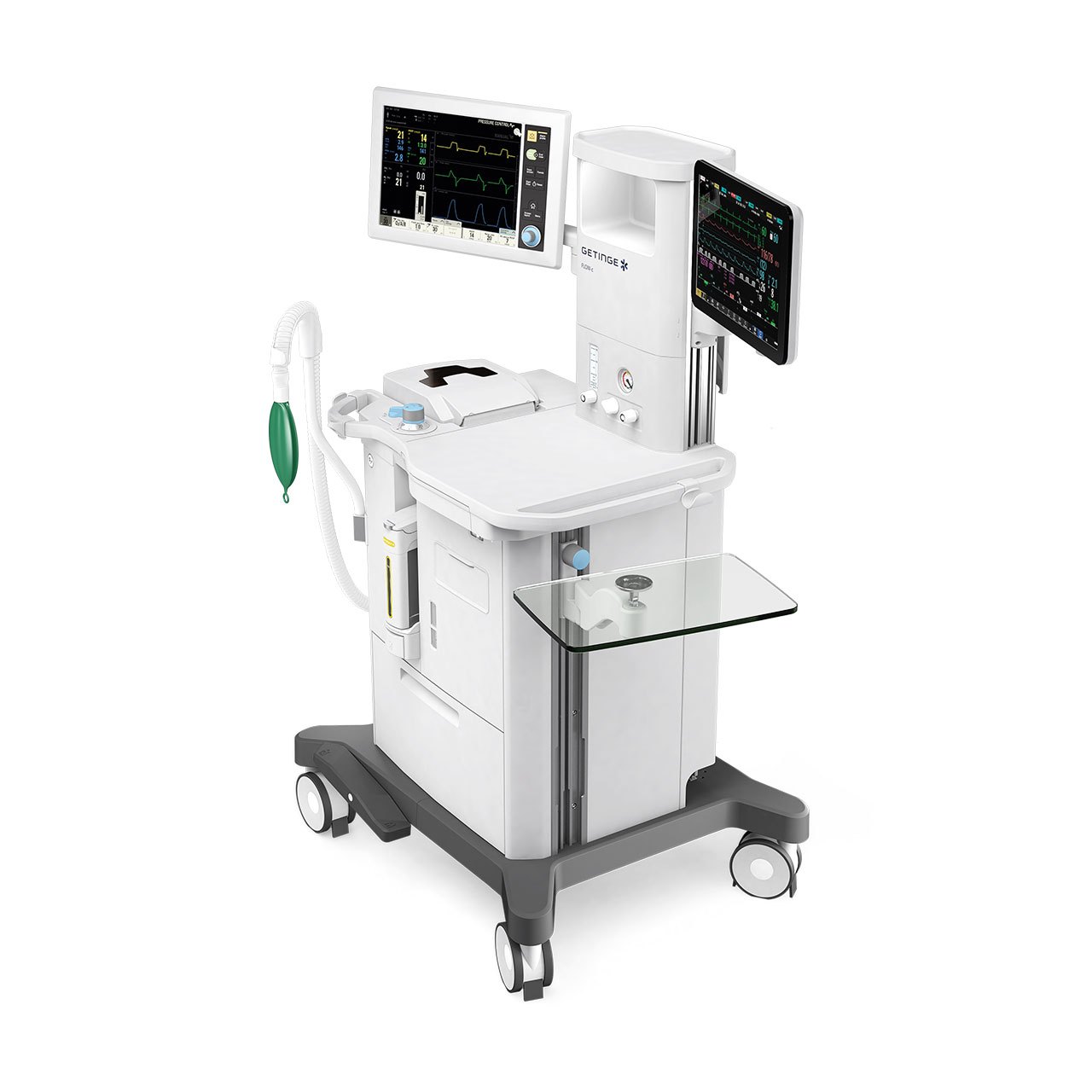 Getinge Flow-c Compact Anaesthesia System 3 Getinge Flow c with a patient monitor mounted beside its touchscreen and a glass side table