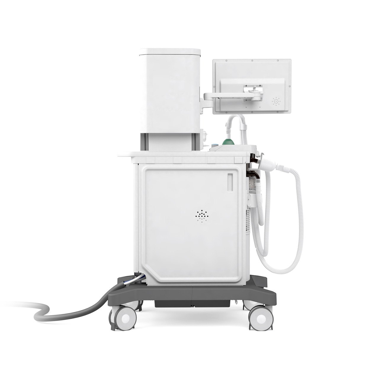 Getinge Flow-c Compact Anaesthesia System 4 Getinge Flow c anaesthesia system seen from the rear, showing the cabinet, rails and covered hose routing