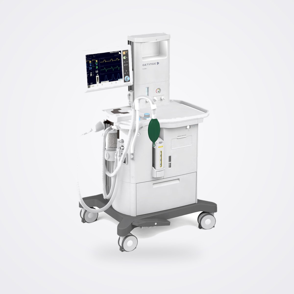 Getinge Flow-c Compact Anaesthesia System 1 Getinge Flow c compact anaesthesia system with 15 inch touchscreen, vaporiser, breathing bag and drawer