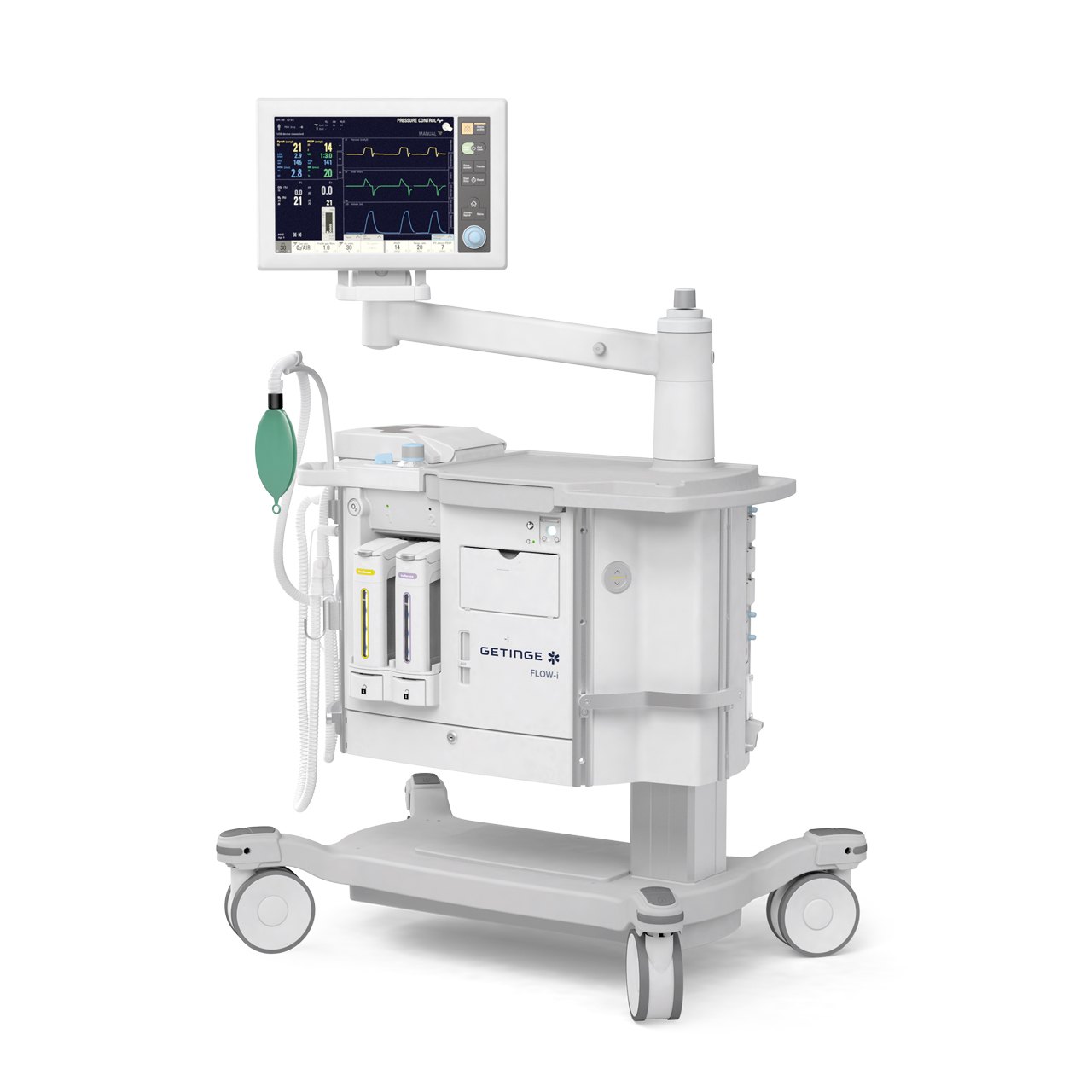 Getinge Flow-i Anaesthesia System with Automatic Gas Control 3 Height adjustable Getinge Flow i C30 anaesthesia system on its central column wheeled base