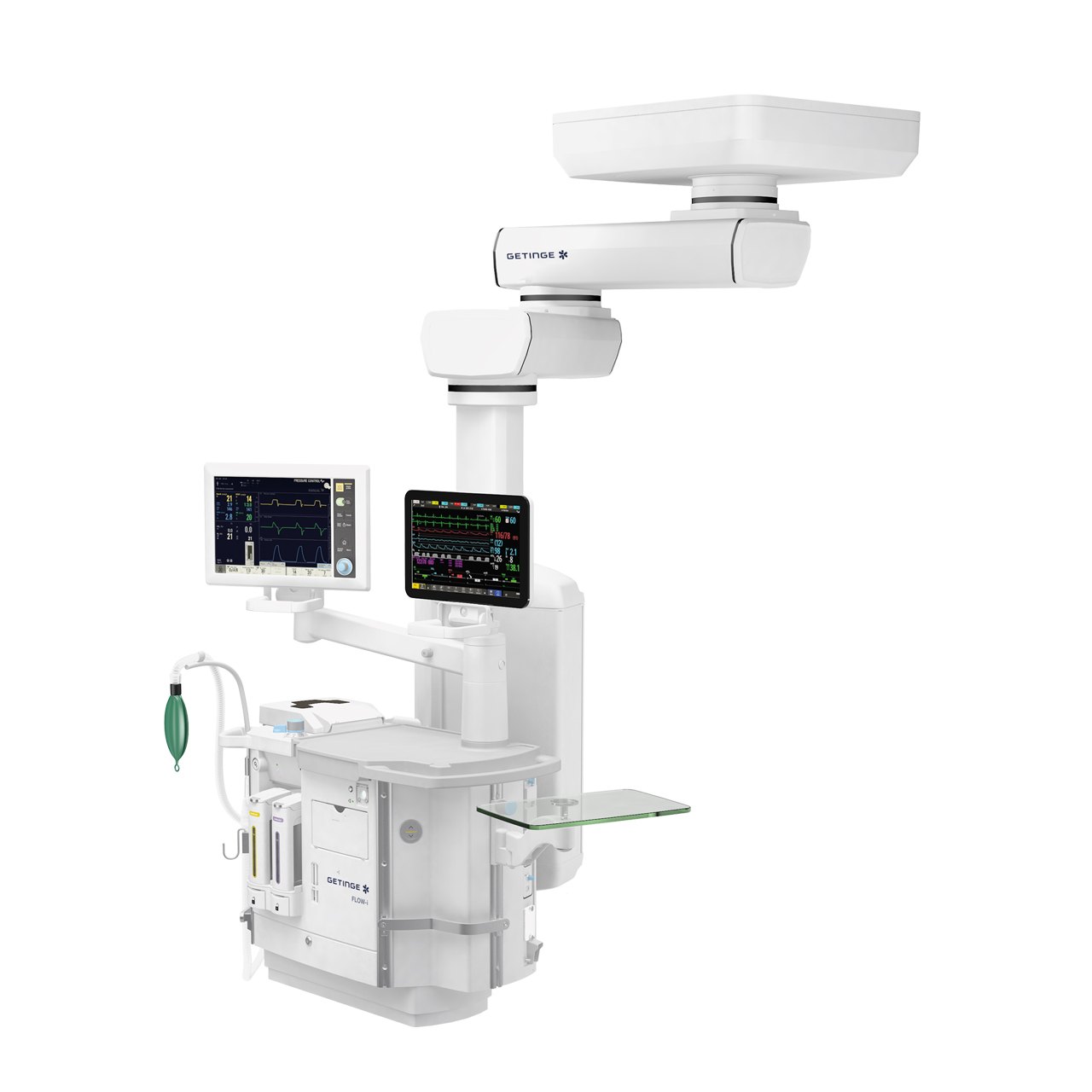 Getinge Flow-i Anaesthesia System with Automatic Gas Control 4 Ceiling mounted Getinge Flow i C40 on a pendant with its touchscreen and a mounted patient monitor