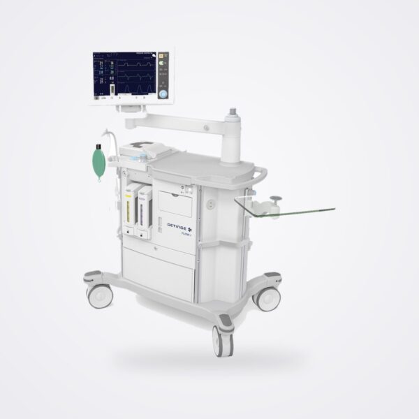 Getinge Flow-i anaesthesia system on a mobile cart with drawers, 15-inch touchscreen arm and side table