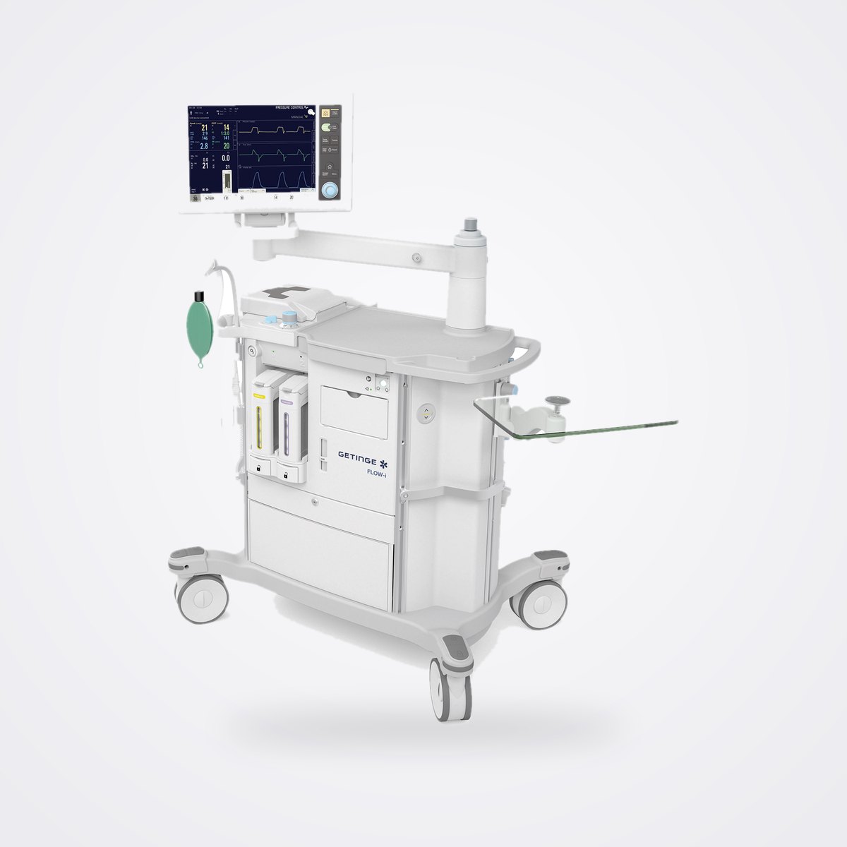 Getinge Flow-i Anaesthesia System with Automatic Gas Control 1 Getinge Flow i anaesthesia system on a mobile cart with drawers, 15 inch touchscreen arm and side table