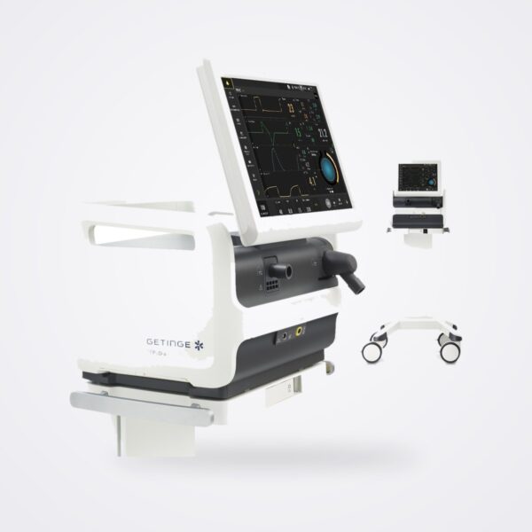 Getinge Servo-air turbine ventilator patient unit with touchscreen, the full system on its mobile cart behind
