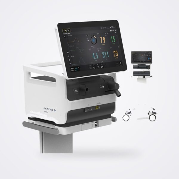 Getinge Servo-c ventilator patient unit with wide 15-inch touchscreen, the full system on its cart behind